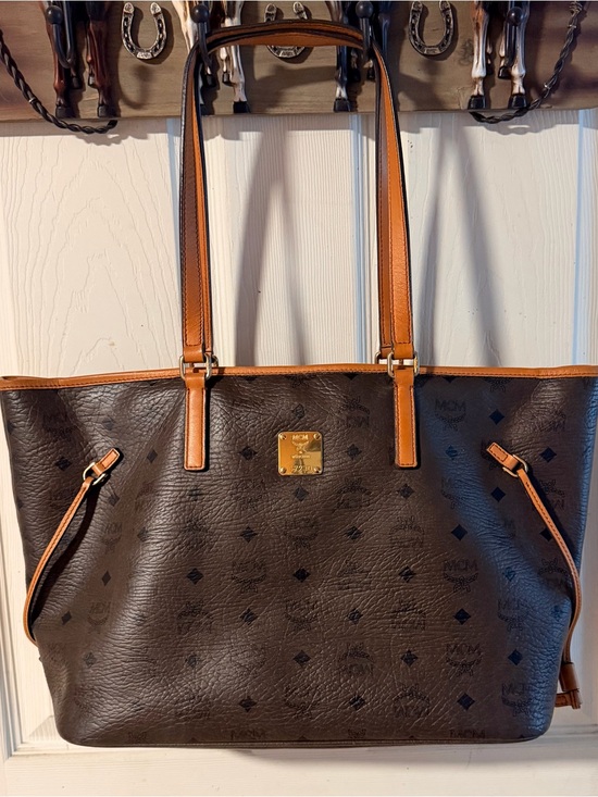 MCM Handbags - MCM Dark Brown Logo Tote with Tan Trim and Straps